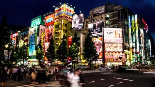Tokyo - Vue de la rue de nuit avec des gens sur le passage supérieur à coloré Akihabara Electric Town. Résolution 4K time lapse basculement — Video
