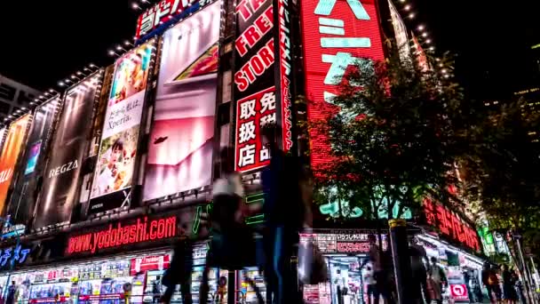 Tokio - Vista nocturna de la calle con letreros brillantes y gente caminando, Shinjuku. Caducidad de la resolución 4K — Vídeos de Stock