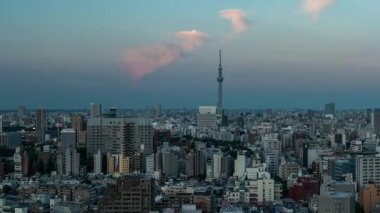Tokyo - Skytree ile şehrin havadan görüntüsü. Sabahtan akşama kadar. 4K çözünürlük zaman aşımı. 2016