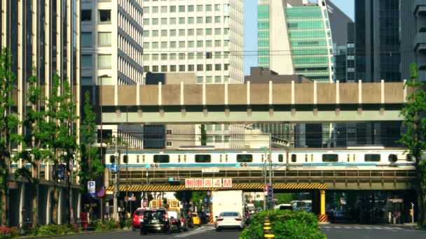 Tokyo - Street view med tåg som passerar förbi. 4K-upplösning — Stockvideo