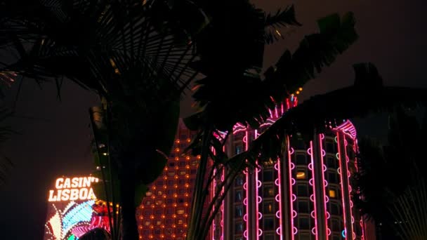 Macao - Palmträdsiluetter framför Casino Lisboa glödande på natten. Retro grynig blick. 4K-upplösning. — Stockvideo