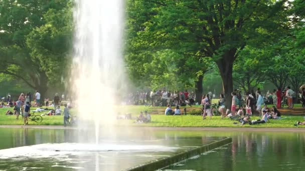 Tokio - Popla reunión en el parque Yoyogi en una tarde de domingo junto al lago con fuente. Resolución 4K — Vídeos de Stock