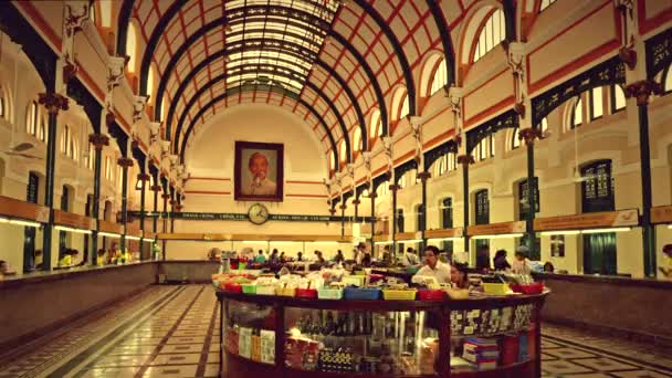 Ho Chi Minh City - Saigon Central Post Office designed by Gustave Eiffel. 4K resolution interior view time lapse. Retro look. — Stock Video