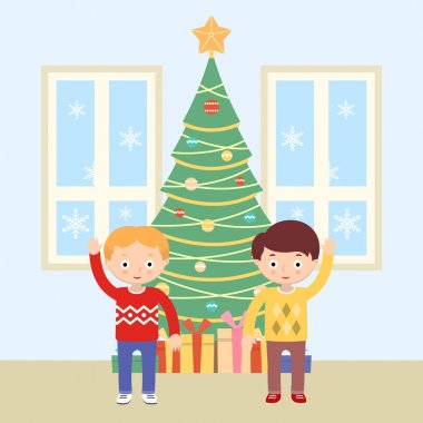 Çocuklar ve Noel ağacı illüstrasyon