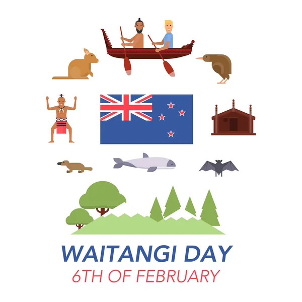 Día de Nueva Zelanda Waitangi el 6 de febrero . — Vector de stock