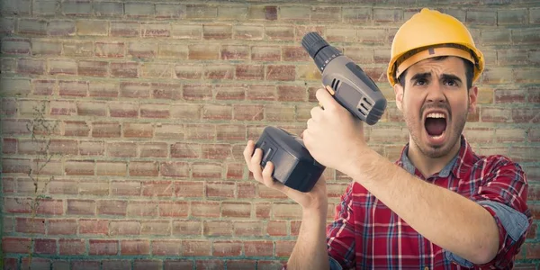 Worker with drill screaming — Stock Photo, Image