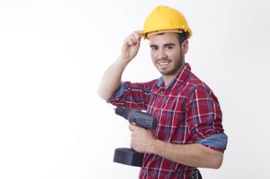 Beyaz arka planda izole mason veya inşaat işçisi Oluşturucu