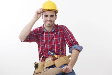 Beyaz arka planda izole mason veya inşaat işçisi Oluşturucu