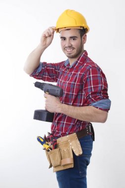 Beyaz arka planda izole mason veya inşaat işçisi Oluşturucu