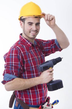 Beyaz arka planda izole mason veya inşaat işçisi Oluşturucu