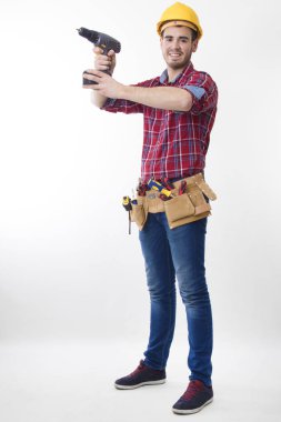 Beyaz arka planda izole mason veya inşaat işçisi Oluşturucu