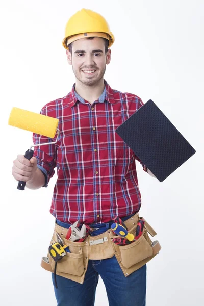 Beyaz arka planda izole mason veya inşaat işçisi Oluşturucu