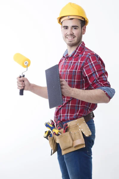 Mason Eller Konstruktion Arbetaren Isolerade Vit Bakgrund Builder — Stockfoto