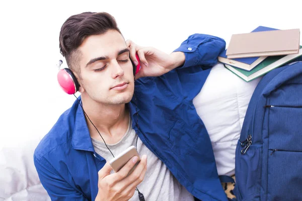 Jeune Adolescent Écoutant Musique Avec Téléphone Portable Écouteurs — Photo