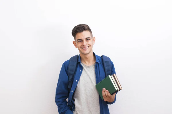 Adolescente Estudante Universitário Com Livros Sobre Fundo Branco — Fotografia de Stock