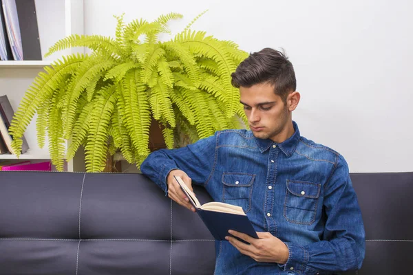 Young Man Reading Couch Apartment — Stock Photo, Image