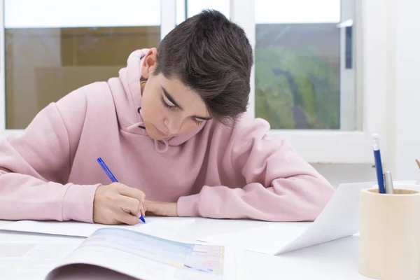 Studente Bambino Scrivere Sulla Scrivania Casa Scuola — Foto Stock