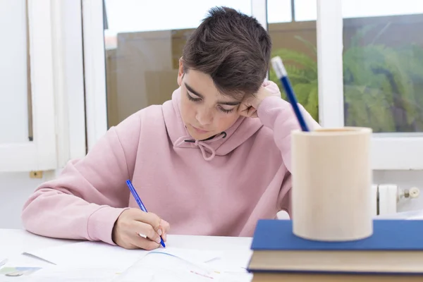Criança Estudante Escrevendo Mesa Escola Casa — Fotografia de Stock