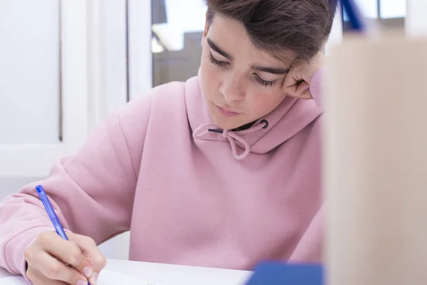 Criança Estudante Escrevendo Mesa Escola Casa — Fotografia de Stock