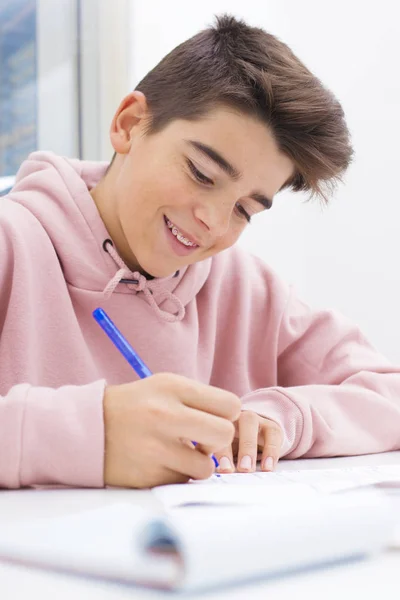 Niño Escribiendo Estudiando Escritorio — Foto de Stock