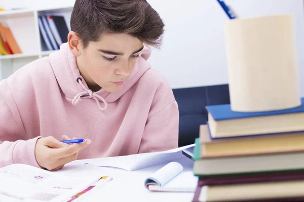 Niño Estudiando Casa Escritorio Escuela —  Fotos de Stock