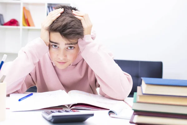 Jonge Tiener Het Bestuderen Van Het Bureau — Stockfoto