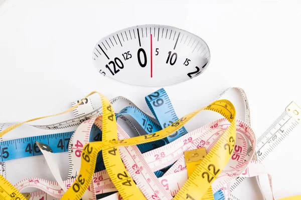 Escala Com Fita Métrica Conceito Dieta Vida Saudável — Fotografia de Stock