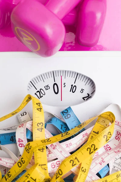 Scales Measuring Tapes Weights Gym Concept Diet Beauty — Stock Photo, Image