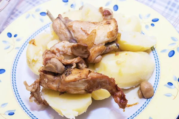 rabbit meat prepared on the plate with potatoes