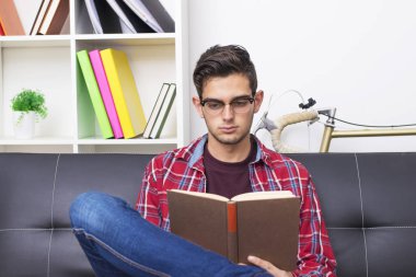 genç yetişkin ev veya apartman kanepede kitap okuma