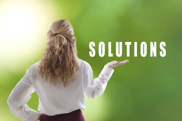 Young Woman Holding Concept Solutions — Stock Photo, Image