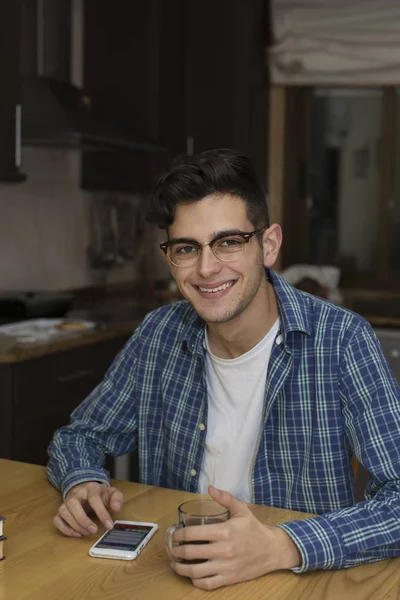 Young Man Kitchen Mobile Phone — Stock Photo, Image