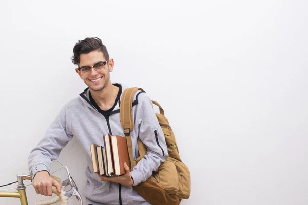 Estudante Moda Com Livros Bicicleta Parede — Fotografia de Stock