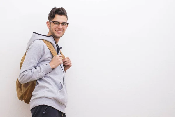 Young Man Backpack Insulated White Background — Stock Photo, Image