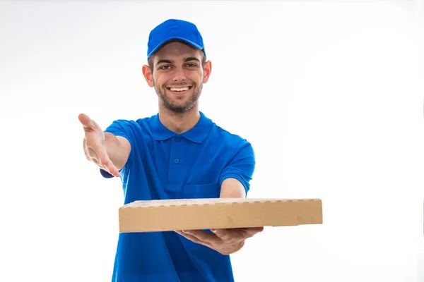 Homem Entrega Pizza Isolado Fundo Branco — Fotografia de Stock