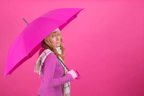 Adult Woman Umbrella Winter Clothes Color Background — Stock Photo, Image