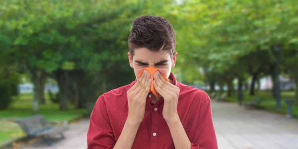 Young Boy Teenager Handkerchief Cold Allergy — Stock Photo, Image