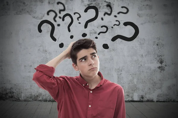 Portrait Young Man Teenager Questions — Stock Photo, Image