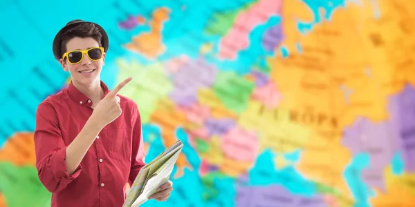 Young Man Map Luggage Travel Adventure — Stock Photo, Image