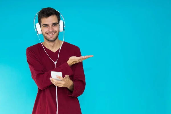 Young Man Headphones Isolated Color Background — Stock Photo, Image