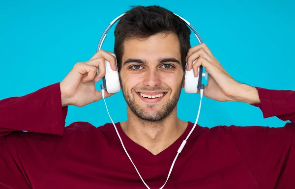 Young Man Headphones Isolated Color Background — Stock Photo, Image