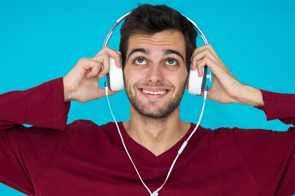 Jeune Homme Avec Casque Isolé Sur Fond Couleur — Photo