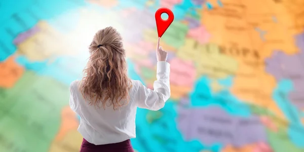 Woman Pointing Map Sign Signal Locator Gps — Stock Photo, Image