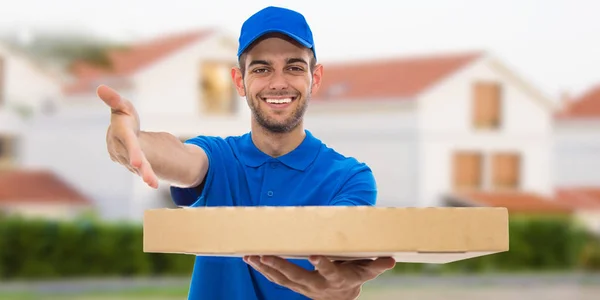 smiling pizza delivery man with pizza boxes and houses