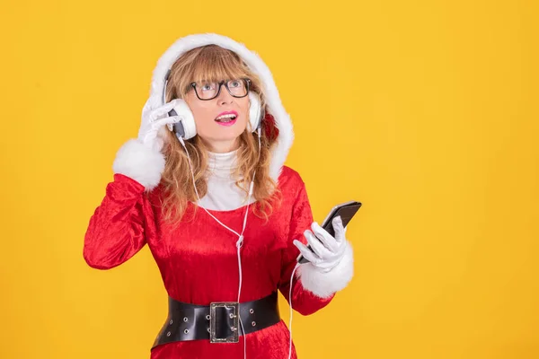 Santa Claus Com Telefone Celular Fones Ouvido — Fotografia de Stock