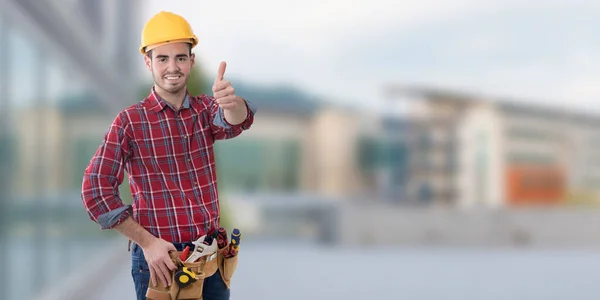 Bouwvakker Met Goed Teken Begroeting — Stockfoto