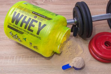 Galiçya, İspanya - 30 Ekim 2019: whey whey protein, sporcular için gıda takviyeleri