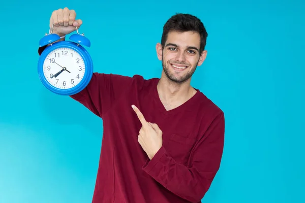 Man Met Wekker Wekker Geïsoleerd Kleur Achtergrond — Stockfoto