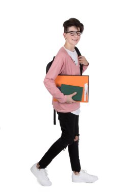 student with books, backpack and full length glasses isolated on white background clipart