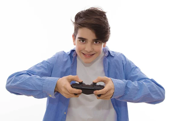 Junger Mann Mit Videospielcontroller Isoliert Auf Weißem Hintergrund — Stockfoto